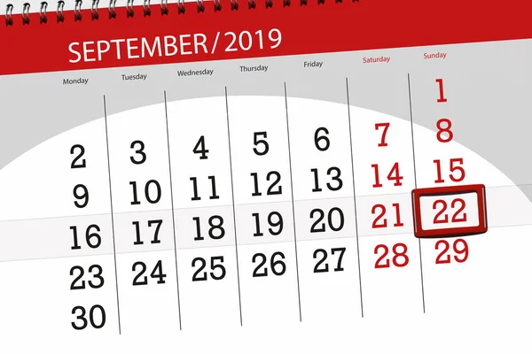 Kalender planner voor de maand september 2019, deadline dag, 22, zondag — Stockfoto
