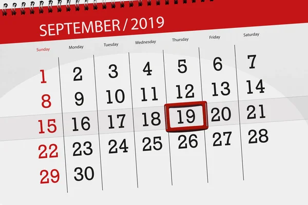 Calendário planejador para o mês setembro 2019, data limite, 19, quinta-feira — Fotografia de Stock