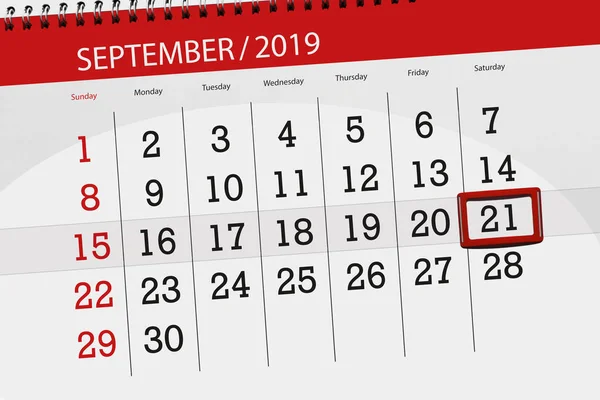 Kalendář kalendáře pro měsíc září 2019, konečný den, 21, sobota — Stock fotografie