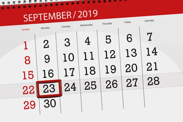 Eylül 2019 ayı için takvim planlayıcısı, son gün, 23, Pazartesi — Stok fotoğraf