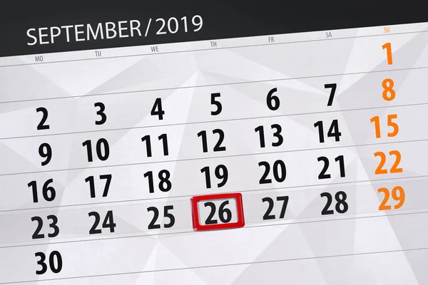 2019 yılı Eylül ayı takvim planlayıcısı, son gün, 26, perşembe — Stok fotoğraf