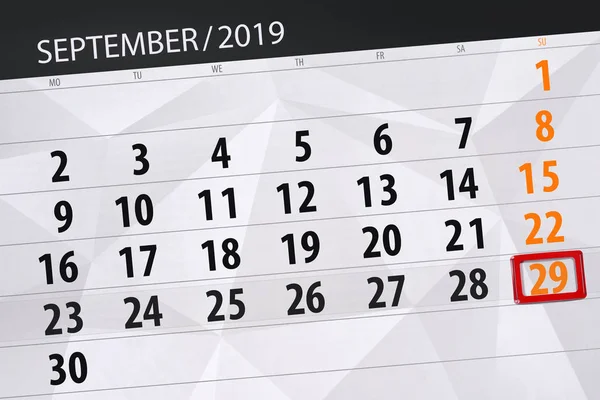 2019년 9월, 마감일, 29일, 일요일의 캘린더 플래너 — 스톡 사진