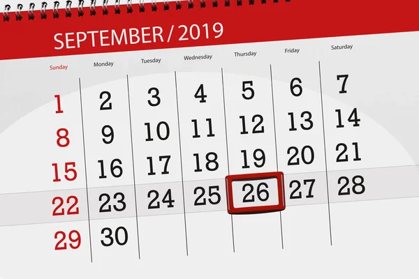Calendario per il mese settembre 2019, giorno di scadenza, 26, giovedì — Foto Stock