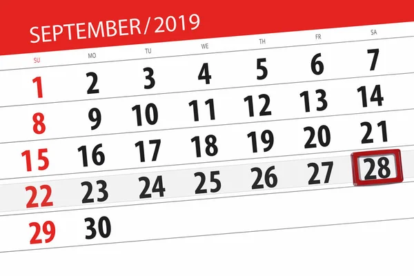 Eylül 2019 ayı takvim planlayıcısı, son gün, 28, cumartesi — Stok fotoğraf