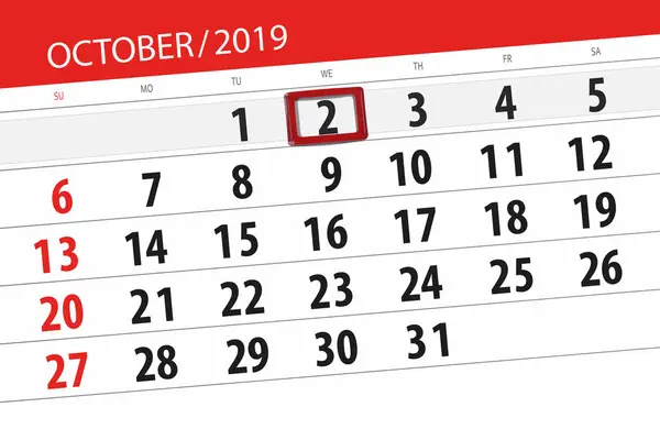 Calendar planner for the month october 2019, deadline day, 2, wednesday — Stock Photo, Image