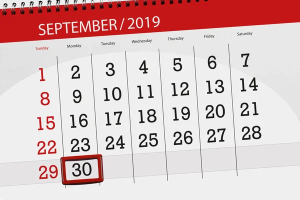 Eylül 2019 ayı için takvim planlayıcısı, son gün, 30, Pazartesi — Stok fotoğraf