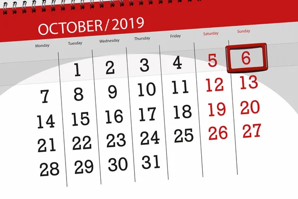 Plánovač kalendáře pro měsíc říjen 2019, konečný den, 6, neděle — Stock fotografie