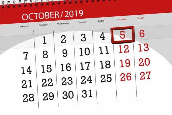 Plánovač kalendáře pro měsíc říjen 2019, konečný den, 5, sobota — Stock fotografie