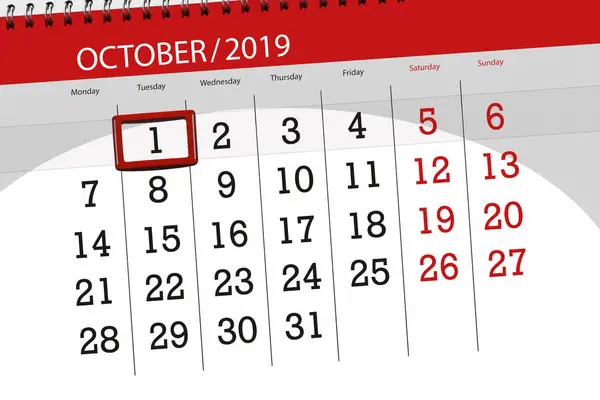 Планировщик календаря на октябрь 2019, крайний срок, 1, вторник — стоковое фото