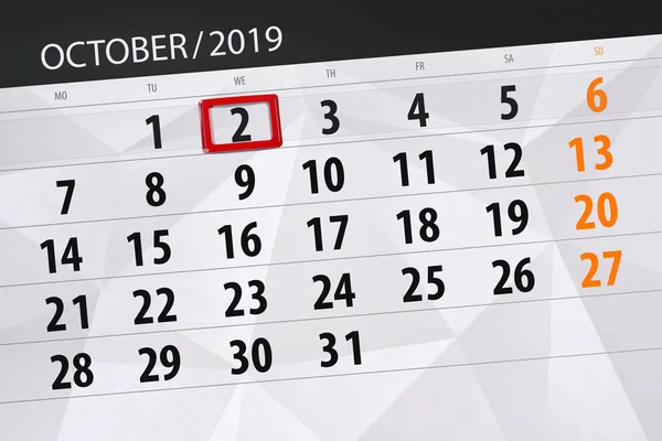 Планировщик календаря на октябрь 2019, крайний срок, 2, среда — стоковое фото