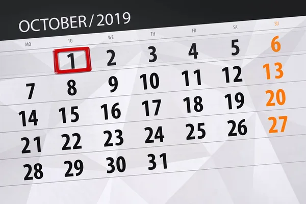 Calendário planejador para o mês de outubro de 2019, data limite, 1, terça-feira — Fotografia de Stock