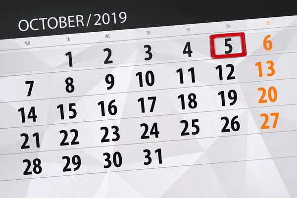 Calendário planejador para o mês de outubro de 2019, data limite, 5, sábado — Fotografia de Stock