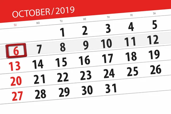 Plánovač kalendáře pro měsíc říjen 2019, konečný den, 6, su — Stock fotografie