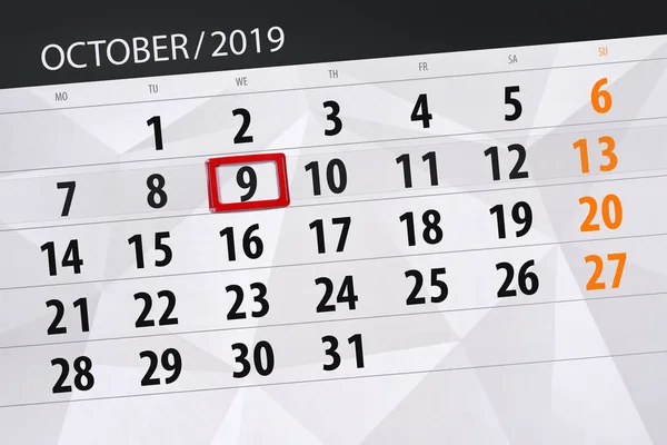 Planejador do calendário para o mês de outubro de 2019, data limite, 9, nós — Fotografia de Stock