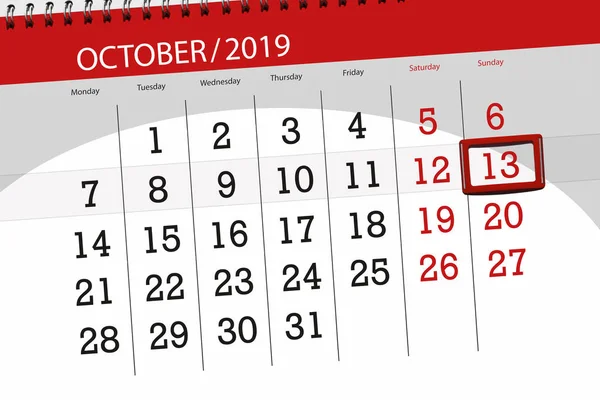 Plánovač kalendáře pro měsíc říjen 2019, konečný den, 13, s — Stock fotografie