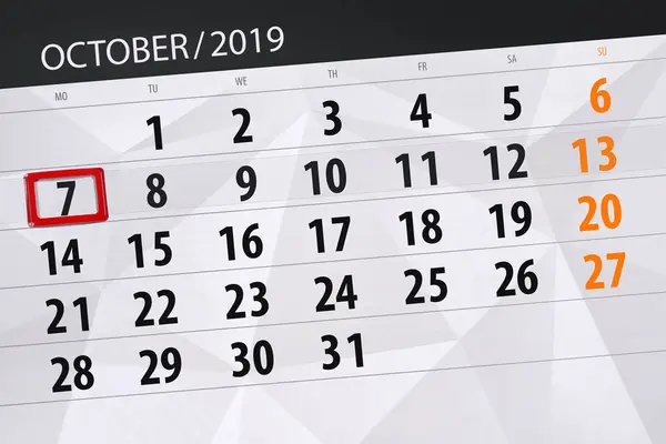 Plánovač kalendáře pro měsíc říjen 2019, konečný den, 7, mo — Stock fotografie