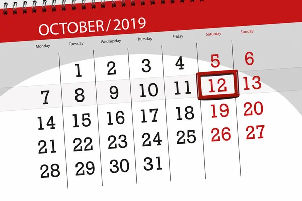 Plánovač kalendáře pro měsíc říjen 2019, konečný den, 12, s — Stock fotografie
