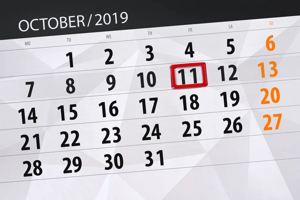 Planificador de calendario para el mes de octubre de 2019, fecha límite, 11, f — Foto de Stock