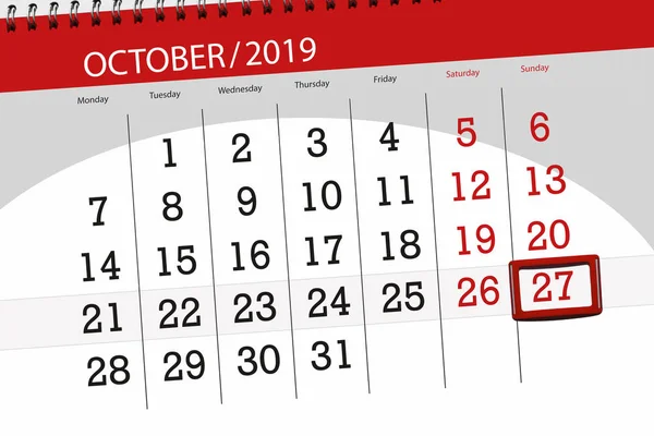 Plánovač kalendáře pro měsíc říjen 2019, konečný den, 27, s — Stock fotografie