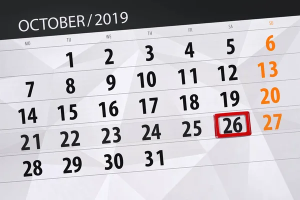 Calendário planejador para o mês outubro 2019, data limite, 26, s — Fotografia de Stock