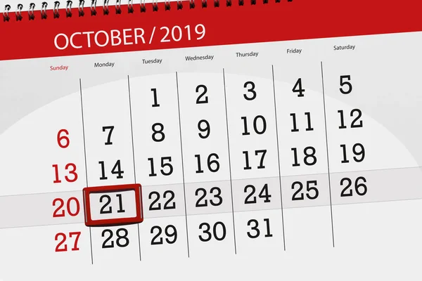 Kalendář kalendáře pro měsíc říjen 2019, konečný den, 21, m — Stock fotografie