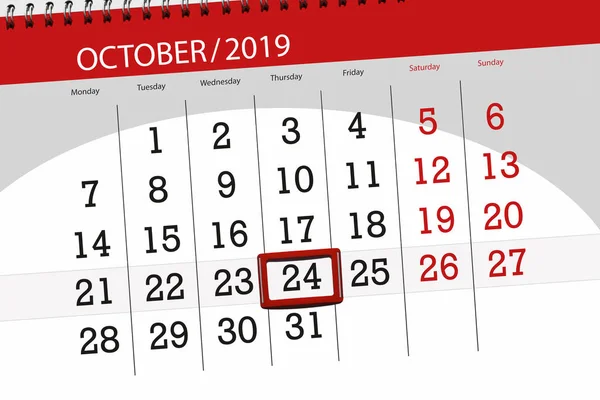 Kalender planner voor de maand oktober 2019, deadline dag, 24, t — Stockfoto