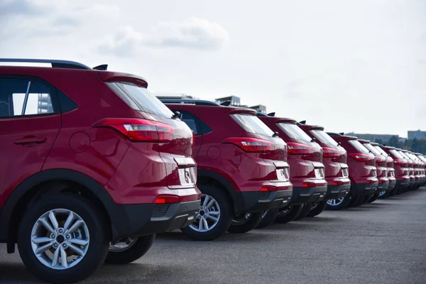A row of new red cars on the street