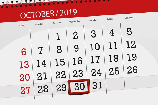 Kalendář kalendáře pro měsíc říjen 2019, konečný den, 30, w — Stock fotografie