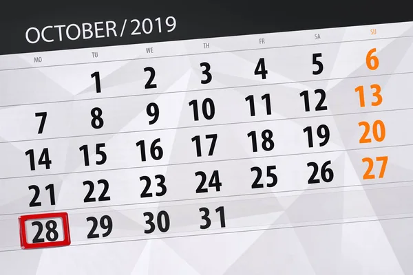 Kalendář kalendáře pro měsíc říjen 2019, konečný den, 28, m — Stock fotografie