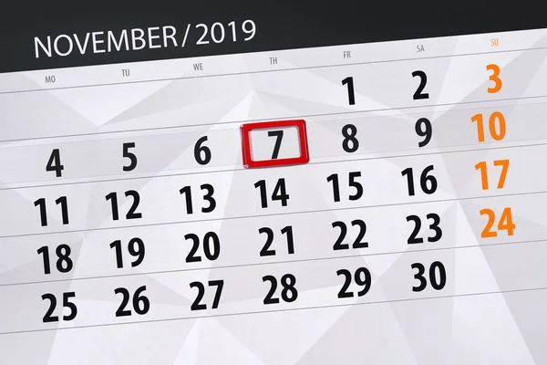 Kalenderplaner für den Monat November 2019, Einsendeschluss, 7, t — Stockfoto