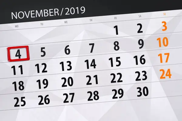 Calendario per il mese novembre 2019, giorno di scadenza, 4, m — Foto Stock