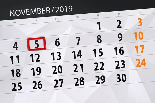Προγραμματιστής ημερολογίου για το μήνα Νοέμβριο 2019, ημέρα λήξης της προθεσμίας, 5, t — Φωτογραφία Αρχείου