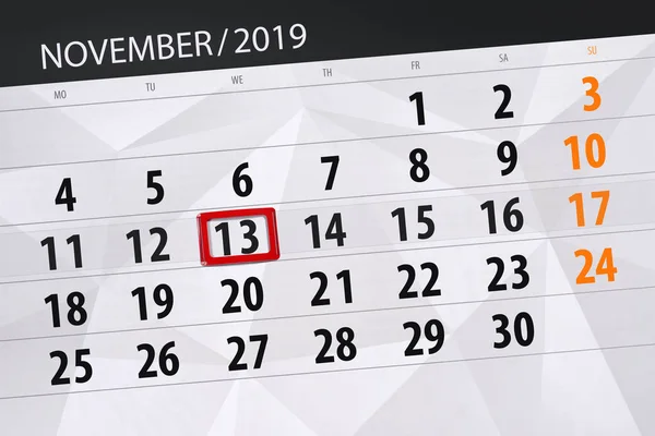 Планировщик календаря на ноябрь 2019, крайний срок, 13 , — стоковое фото