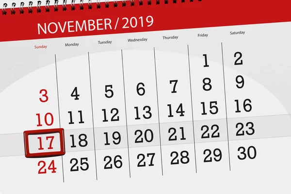 Calendar planner for the month november 2019, deadline day, 17, — Stock Photo, Image