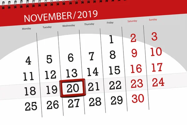 Calendar planner for the month november 2019, deadline day, 20, — Stock Photo, Image