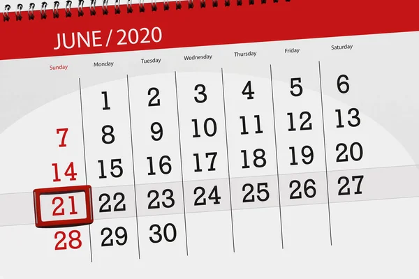 Kalender Planerare För Månaden Juni 2020 Deadline Dag Söndag — Stockfoto