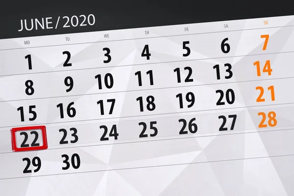 Planificator Calendar Pentru Luna Iunie 2020 Data Limită Luni — Fotografie, imagine de stoc