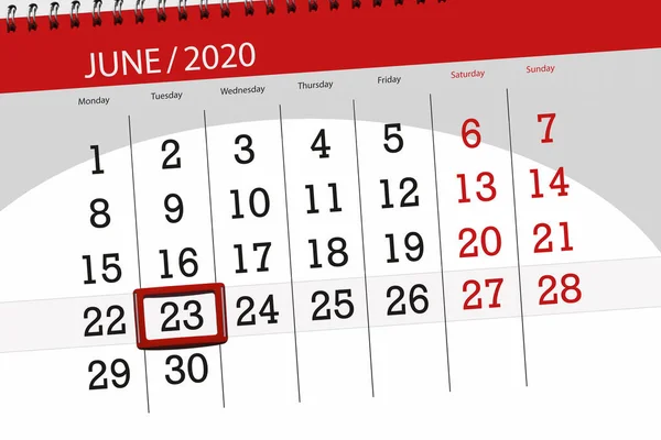 Kalendář Plánovač Měsíc Červen 2020 Termín Den Úterý — Stock fotografie