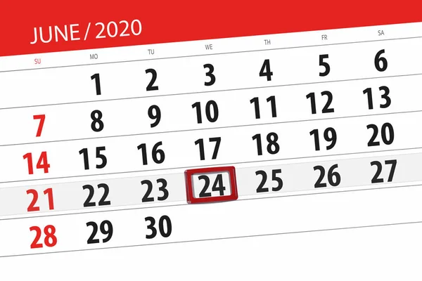 Planificador Calendario Para Mes Junio 2020 Fecha Límite Miércoles —  Fotos de Stock