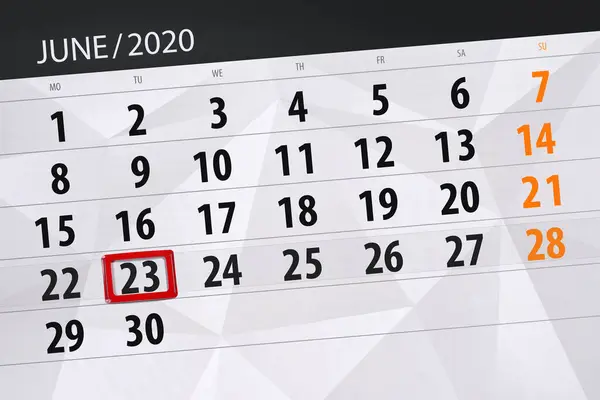 Calendar Planner Month June 2020 Deadline Day Tuesday — Stock Photo, Image