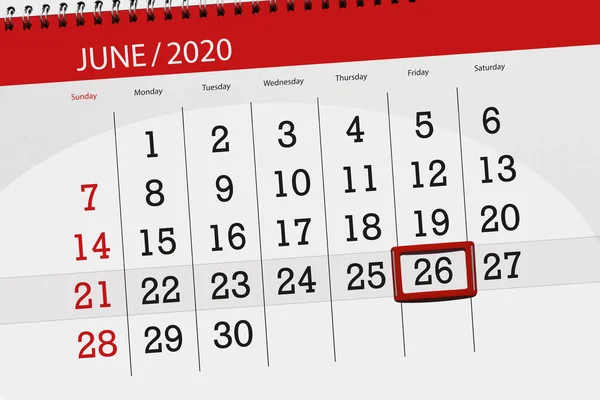 Kalender Planerare För Månaden Juni 2020 Deadline Dag Fredag — Stockfoto