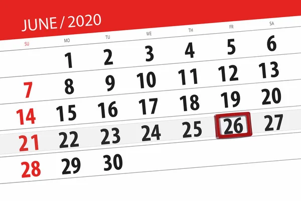 Kalender Planerare För Månaden Juni 2020 Deadline Dag Fredag — Stockfoto