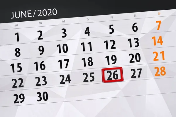 Planificator Calendar Pentru Luna Iunie 2020 Data Limită Vineri — Fotografie, imagine de stoc