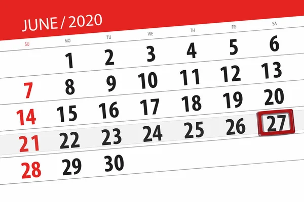 Kalendář Plánovač Měsíc Červen 2020 Termín Den Sobota — Stock fotografie