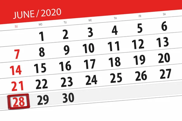 Kalender Planerare För Månaden Juni 2020 Deadline Dag Söndag — Stockfoto