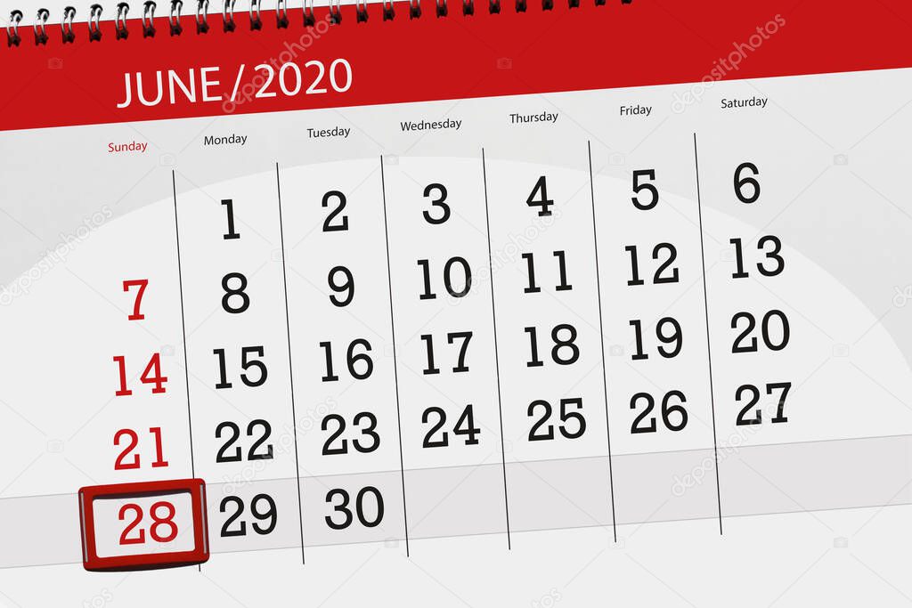 Calendar planner for the month june 2020, deadline day, 28, sunday.