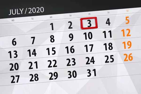Planificator Calendar Pentru Luna Iulie 2020 Data Limită Vineri — Fotografie, imagine de stoc