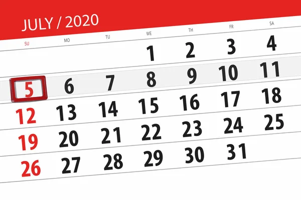 Kalenderplanner Voor Maand Juli 2020 Deadline Dag Zondag — Stockfoto