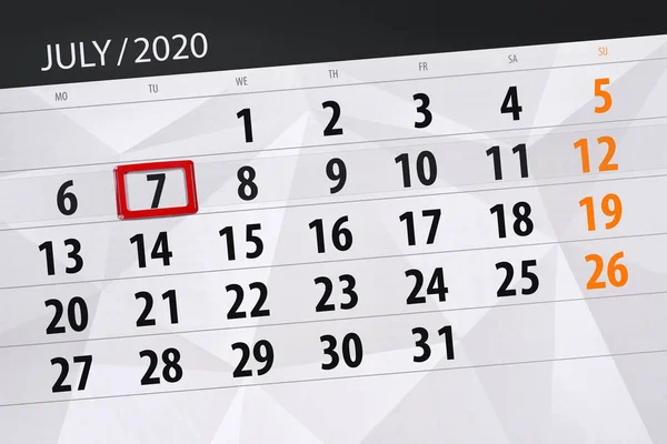 Planificator Calendar Pentru Luna Iulie 2020 Data Limită Marți — Fotografie, imagine de stoc