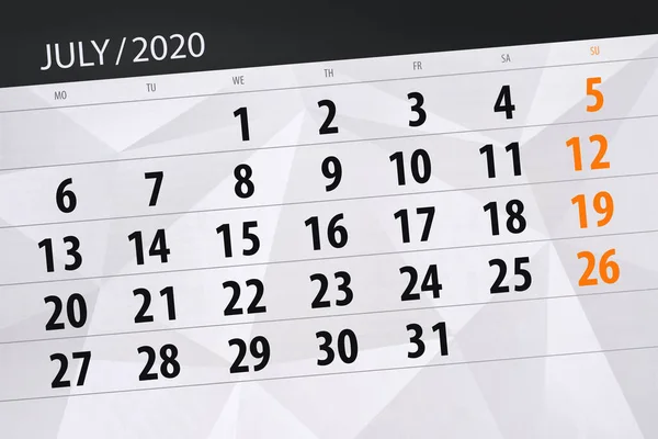 Planificator Calendar Pentru Luna Iulie 2020 Data Limită — Fotografie, imagine de stoc